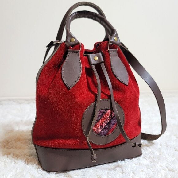 Red Suede Bolivian Folk Vintage Leather Synching Boho Bucket Bag Purse - Picture 5 of 13